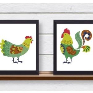 Set of 2 Folk Art Chickens Country Farmhouse Kitchen UNFRAMED Wall Art Prints